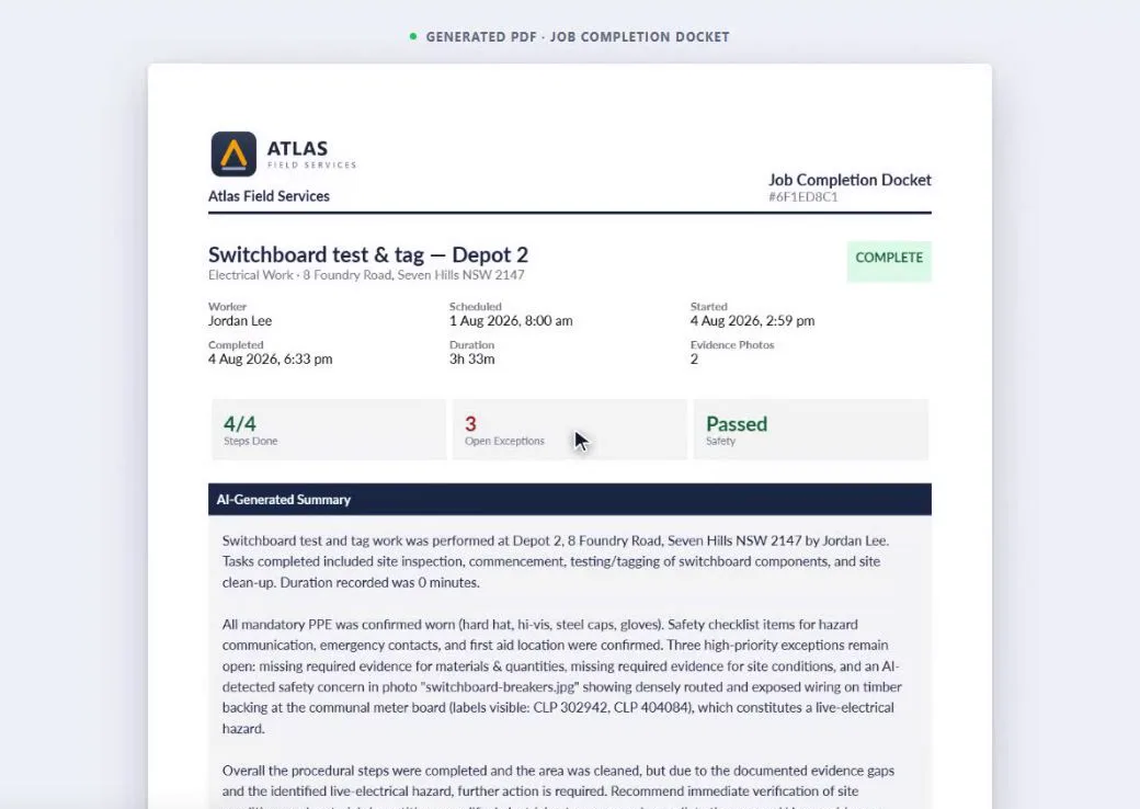 A generated job completion docket on the client's own branding, with steps done, open exceptions, a safety result, and an AI-generated summary written from what the crew captured.