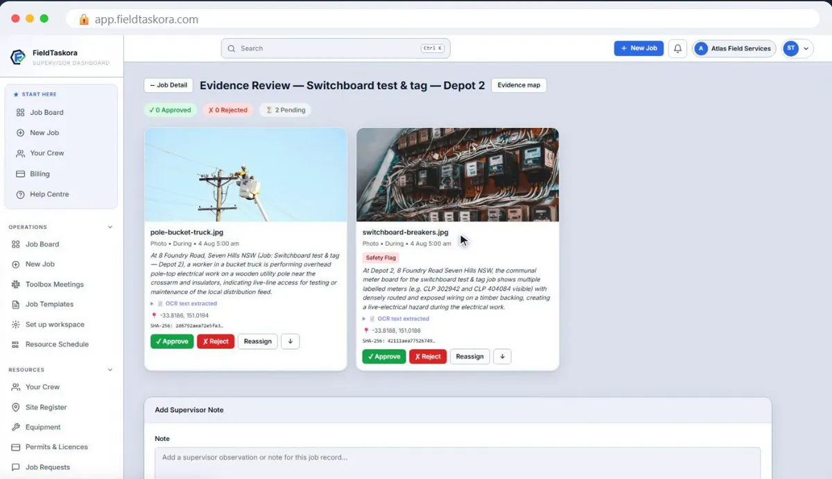 The evidence review screen, showing each site photo with a written description, a safety flag, GPS coordinates and its SHA-256 hash, with approve, reject and reassign controls.