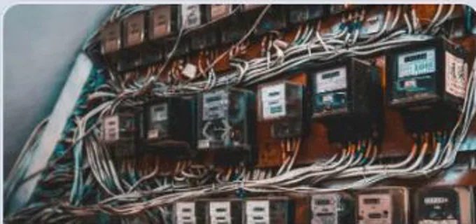 A site photo of a communal meter board with densely routed and exposed wiring on timber backing.